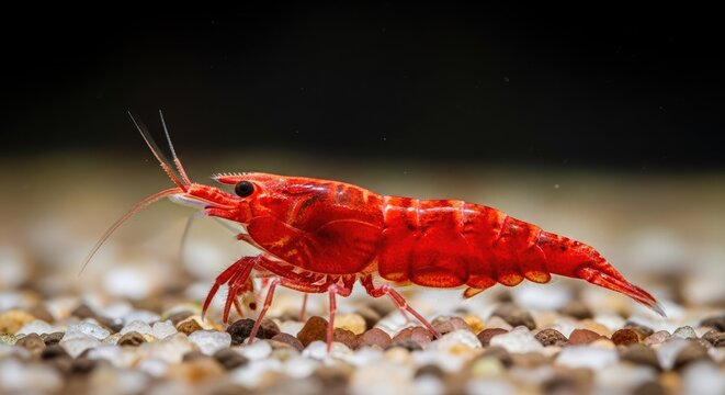Bright red cherry shrimp in a freshwater aquarium.