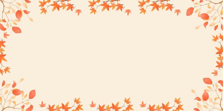 An elegant autumn-themed background featuring a decorative border of orange leaves and delicate botanical branches surrounding a large beige copy space