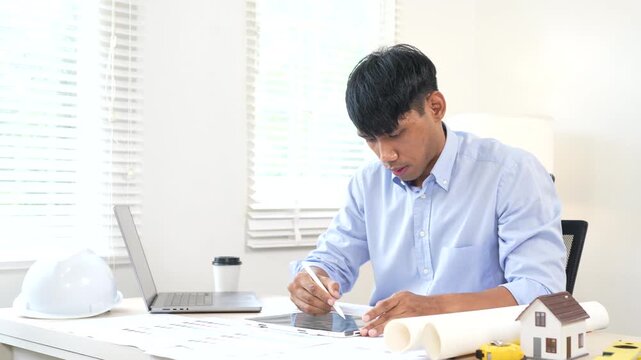 Architect reviewing construction plans at a modern office desk with blueprints, laptop, and engineering tools for a building project.