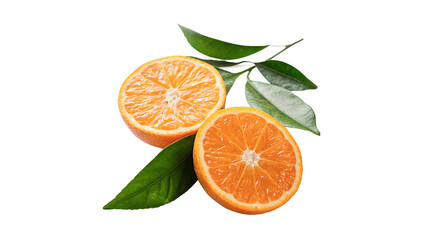 Two halves of fresh sweet orange citrus fruit isolated on transparent background cut out
