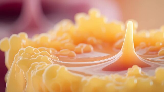 A macro shot showcases a yellow liquid splash with intricate details and a sharp central spike, set against a gentle bokeh background. The image emphasizes motion, texture, and abstract beauty