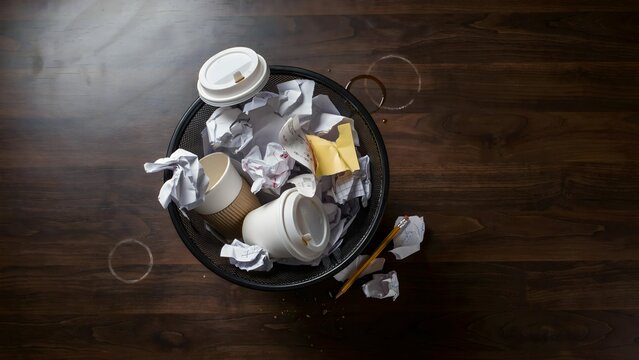 Overturned trash can with crumpled paper, paper cups, and scattered waste on wooden floor