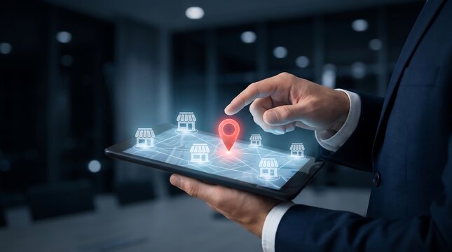 Businessman using tablet to view digital map with store location pins representing retail site selection and franchise network planning in modern office environment