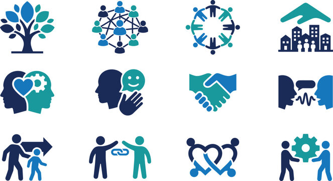 Social Inclusion and Mental Wellness Icon Collection with Community Networking and Teamwork Symbols for Human Resources Graphic Design Projects