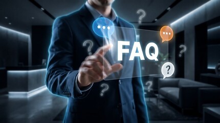 Obraz premium Professional businessman touching glowing FAQ holographic interface with speech bubbles and question marks in dark office environment representing customer help desk solutions