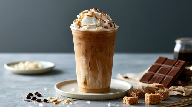 A modern commercial flat lay featuring iced coffee surrounded by large areas of negative space for advertising use