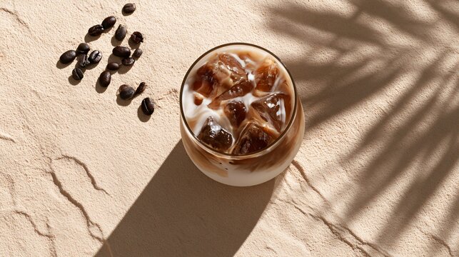 A modern commercial flat lay featuring iced coffee surrounded by large areas of negative space for advertising use