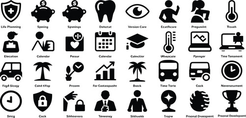 Obraz premium Personal Development Lifestyle Icon Collection, Health Finance Education Productivity Career Vector Symbols for Self Improvement and Goal Achievement Design