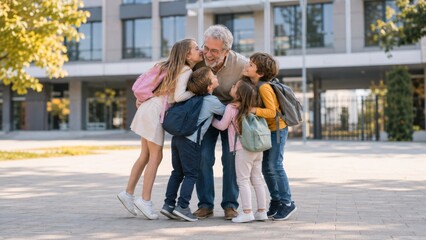 Obraz premium Happy Grandparents Hugging Their Grandchildren in a Joyful Intergenerational Family Reunion