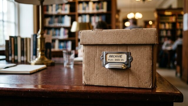 Cardboard archive box on wooden desk in library office background