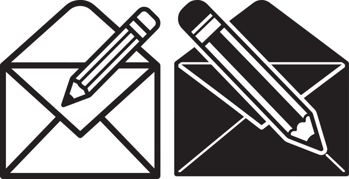 Envelopes and pencils silhouette black vector icons on white background cartoon style with envelope communication silhouette