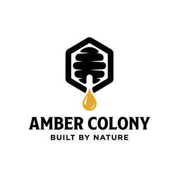 Minimalist bee colony symbol showing a honeycomb cell dripping honey for natural products.