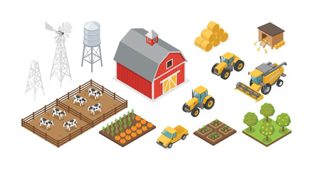 Isometric farm elements including barn tractors cows and crops on a white background farmland agriculture © Victoria hub