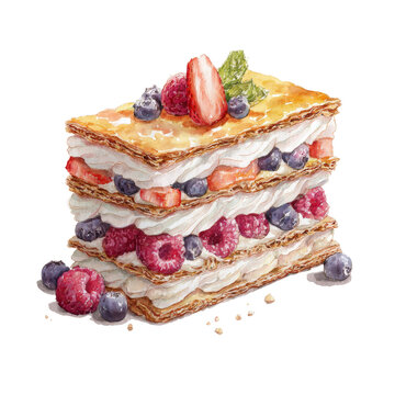 Dessert - Mille feuille watercolor isolation on transparent illustration.