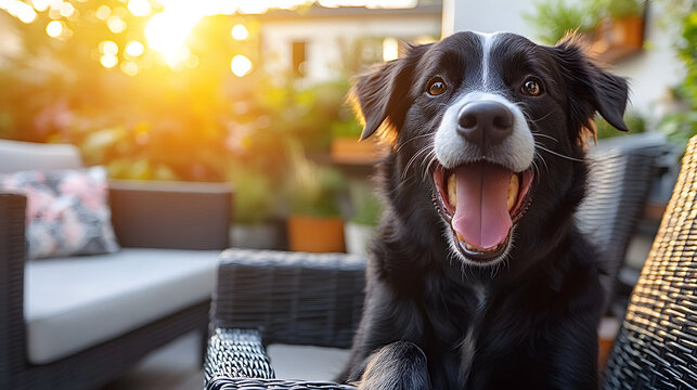 Happy domestic dog sitting outdoors on patio looking at camera portrait