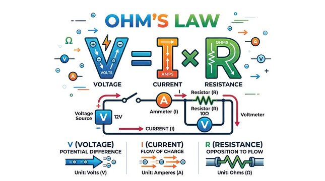 Ohm's Law formula diagram with voltage current resistance illustration. Electrical engineering circuit theory concept showing V=IR equation and wir...