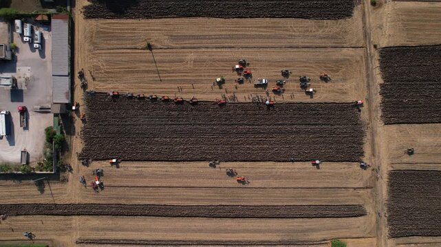 Drone view of harvest rows and farm machinery