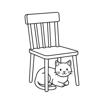 Cute Cat Hiding Under Chair Line Art Vector Design For Coloring Page.