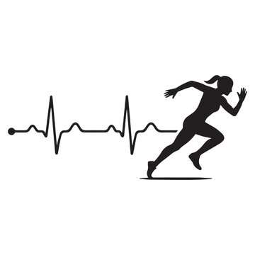 Female Runner Heartbeat ECG Pulse Vector Logo For Fitness Health Activity Icon.