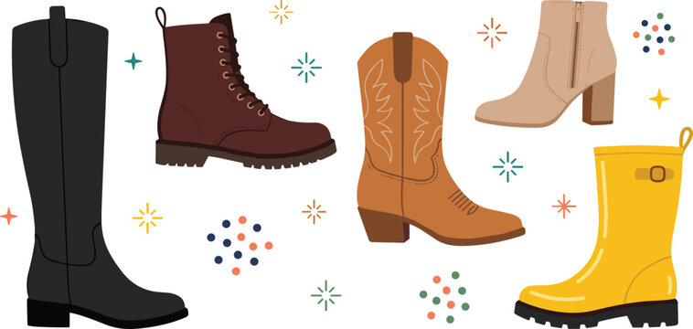 Boot Collection with Knee High Boots, Lace Up Combat Boots, Cowboy Boots, Ankle Boots and Rubber Rain Boots Vector Illustration