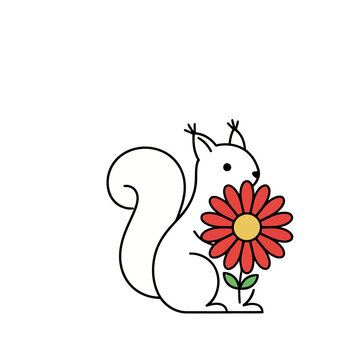 White squirrel holding a red flower