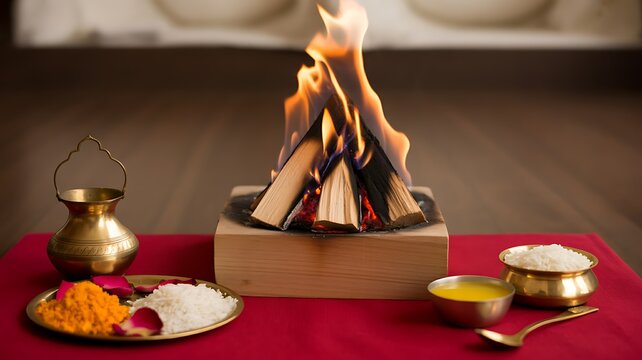 A vibrant 3D digital art piece featuring a sacred Hindu Havan fire ritual setup with traditional brass offerings and altar
