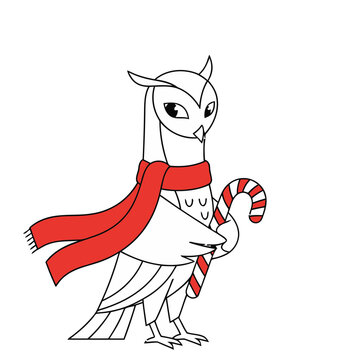 Cartoon owl with candy cane and scarf