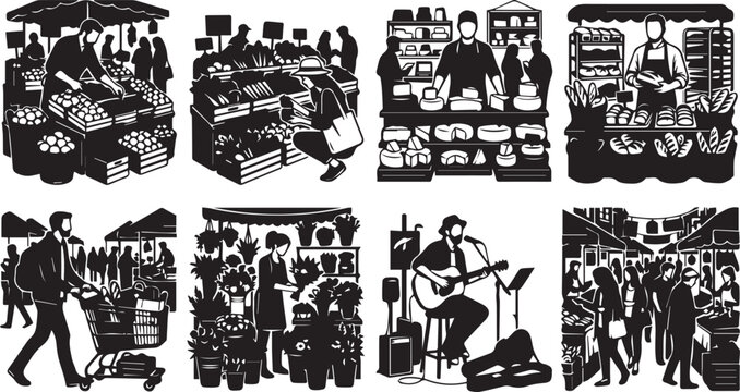 Black and white set of farmer's market scenes, featuring vendors produce, cheese, bread, flowers, and a street musician