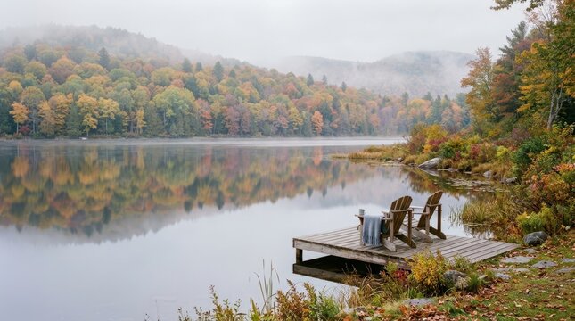 Serene autumn lake scene with Adirondack chairs on a wooden dock
