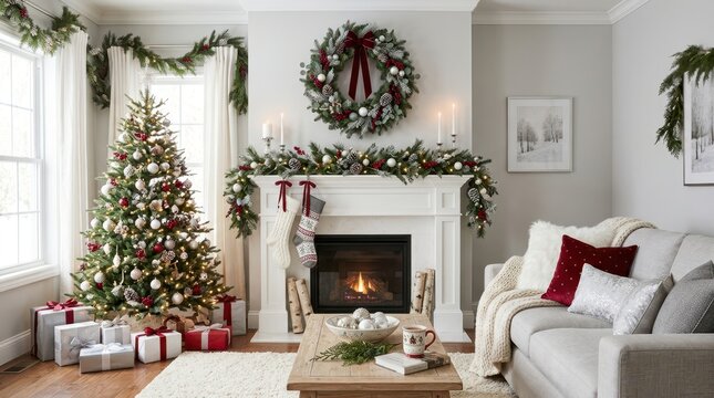 Cozy living room decorated for Christmas with a lit fireplace and tree