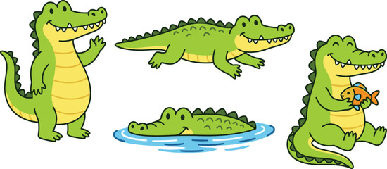 Naklejka premium Cute Cartoon Crocodile Collection with Standing, Walking, Swimming and Sitting Alligator Characters Vector Illustration