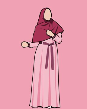 Pink women's Muslim fashion model with a red hijab 