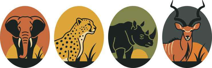 Set of african safari animal portraits, elephant, cheetah, rhinoceros and kudu antelope in oval frames © Suchana