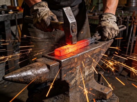 A blacksmith strikes a glowing, hot metal bar on an anvil, creating a shower of bright orange sparks.