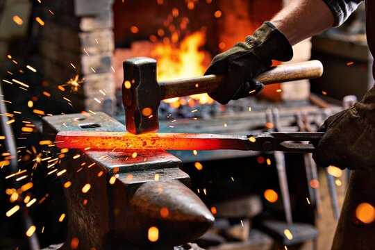 A blacksmith strikes a glowing piece of hot metal on an anvil with a hammer, causing sparks to fly.