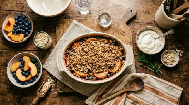 Delicious homemade peach and blueberry crumble served with yogurt and almonds