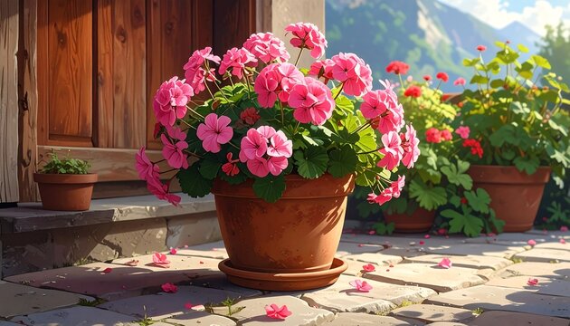 A vibrant, sunny outdoor scene showcasing potted geraniums bursting with pink blooms on a stone patio, with wooden door and mountain