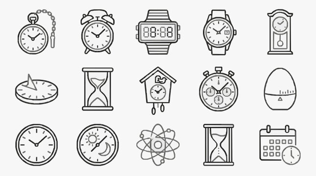 Industrial Style Black and White Line Drawing Set of Various Timekeeping Devices and Clocks with high quality professional line art symbols for modern creative design and digital branding projects