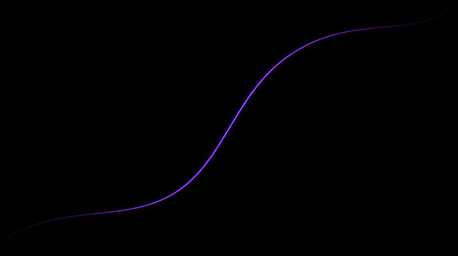 3D render illustration of a minimalist glowing purple neon s-curve light line on black background with copy space to create an authentic futuristic background