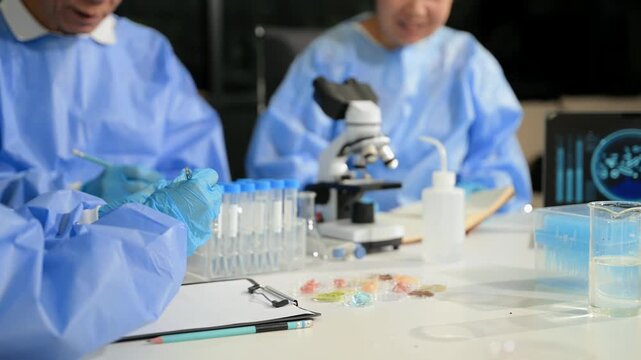 Focused scientists in PPE work together in a modern lab, examining samples and recording critical data for breakthrough research.