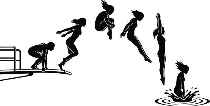Female Swimmer Diving Sequence Silhouette Vector Illustration Swimming Pool Diving Board