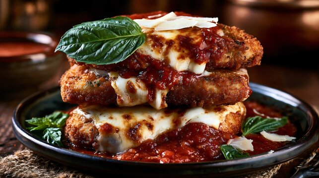 A premium Chicken Parmesan collection featuring crispy breaded chicken, bubbling mozzarella, parmesan shavings, rich marinara sauce, basil leaves, artisan ceramics, Italian textures