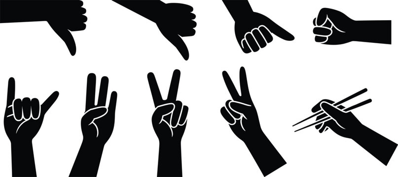 Black hand gesture silhouettes set featuring thumbs down pointing victory sign fist rock horn and chopstick vector icons