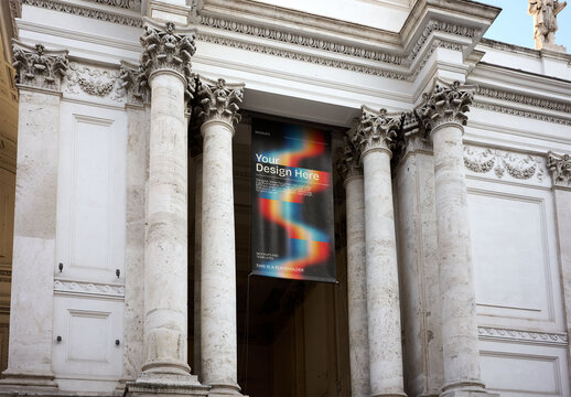 Mockup Of Customizable Banner Hanging From Building