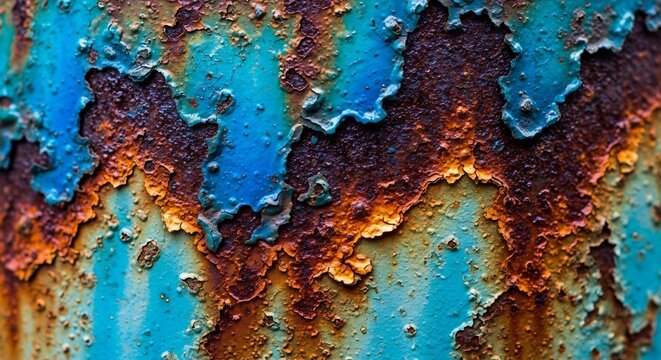 Abstract texture featuring chipped blue paint over corroded metal surface with rich orange oxidation patterns