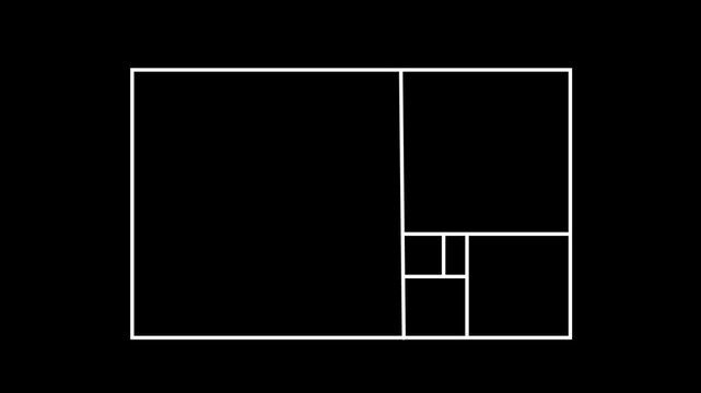 A professional-grade Fibonacci golden ratio grid on a black screen, perfect for design, architecture, and video editing projects focusing on perfect mathematical proportions and composition.