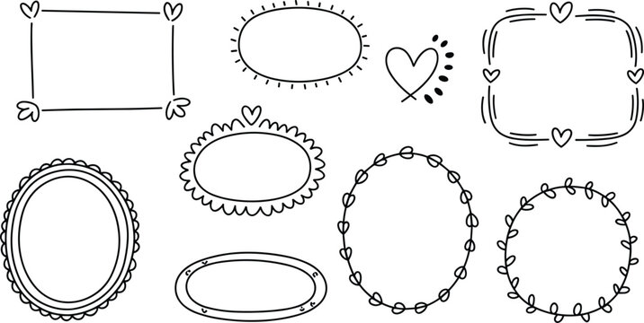 Hand drawn doodle frame vector set featuring oval circle square borders hearts leaves and decorative line art elements