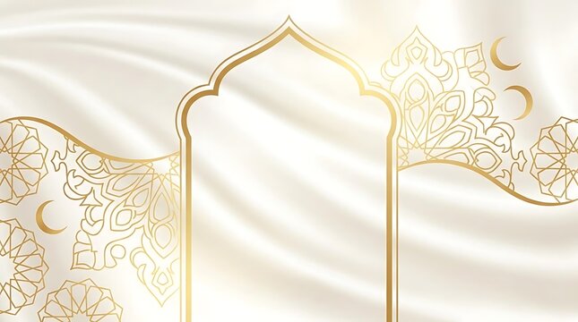White silk background with golden Islamic arch patterns.