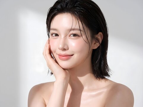 Young Asian woman touching face with elegant veil. Graceful female model in sheer fabric portrait for beauty and fashion design.
