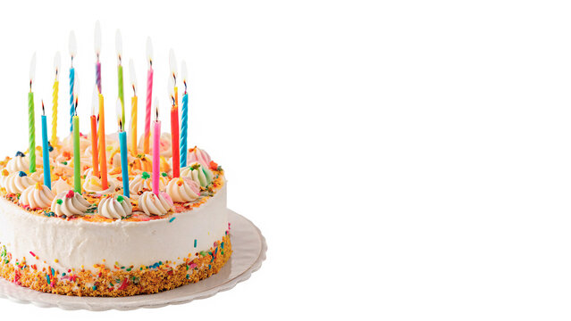 Large round birthday cake decorated with colorful burning candles isolated on transparent background cut out